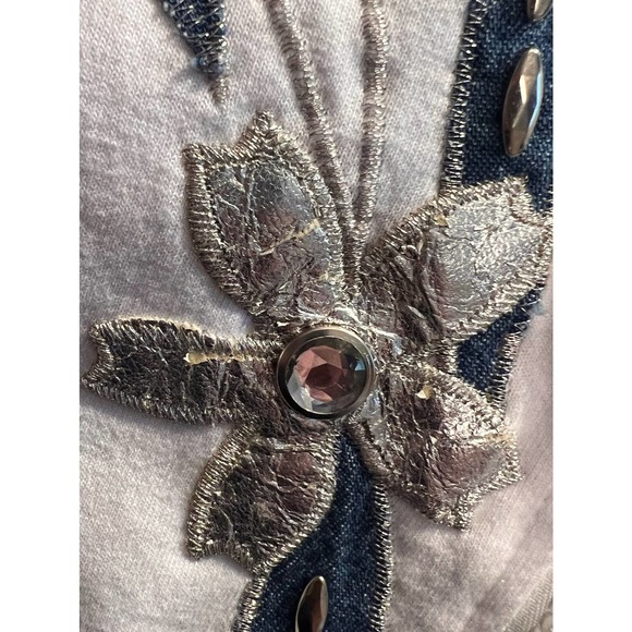 White Top Blue Jean Leaves Silver Flowers Embellished Half Zipper Size XXL - Picture 7 of 7